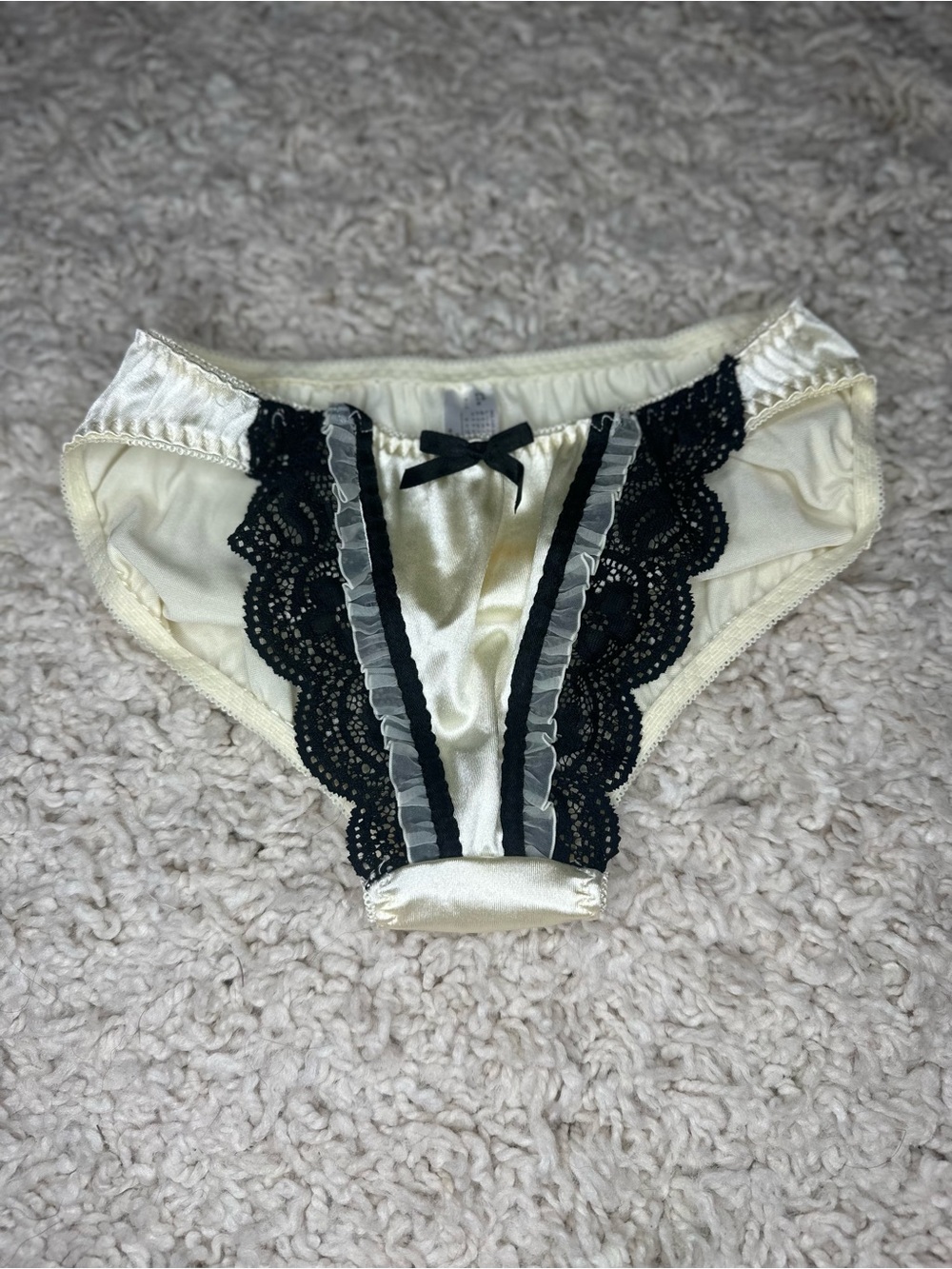Satin Lace Trim Bikini Panty - Cream & Black